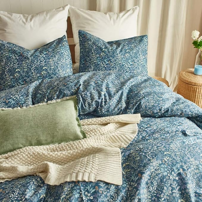 mixinni Floral Duvet Cover Queen Flower Pattern Blue Duvet Cover Set Garden - Image 2