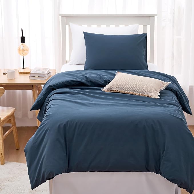 Wake In Cloud - Cotton Duvet Cover Set, Twin Size, Dark Navy Blue, 100% Washed - Image 8