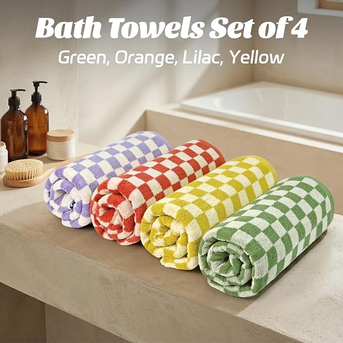 Jacquotha Checkered Bath Towels Set of 4-100% Cotton Towels - Image 3