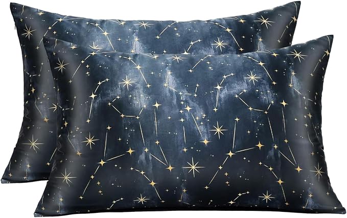 MANSPHIL 2 Pack Silk Pillowcase Queen Black Stars Pattern, 6A Grade 22 Momme by MANSPHIL