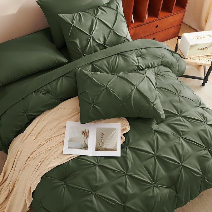 CozyLux Queen Comforter Set Olive Green, 7 Pieces Pintuck Bed in A Bag - Image 4