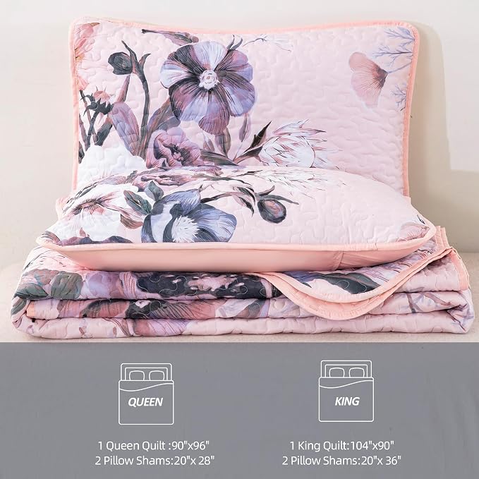 Floral Quilt Set King 3 Pieces Pink Floral Quilt Coverlet Set Soft Microfiber - Image 7