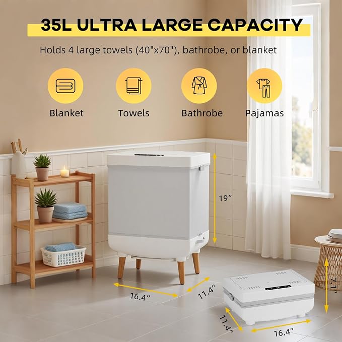 GarveeLife 35L Foldable Towel Warmer Bucket, Portable Hot Air Towel Dryer & - Image 2