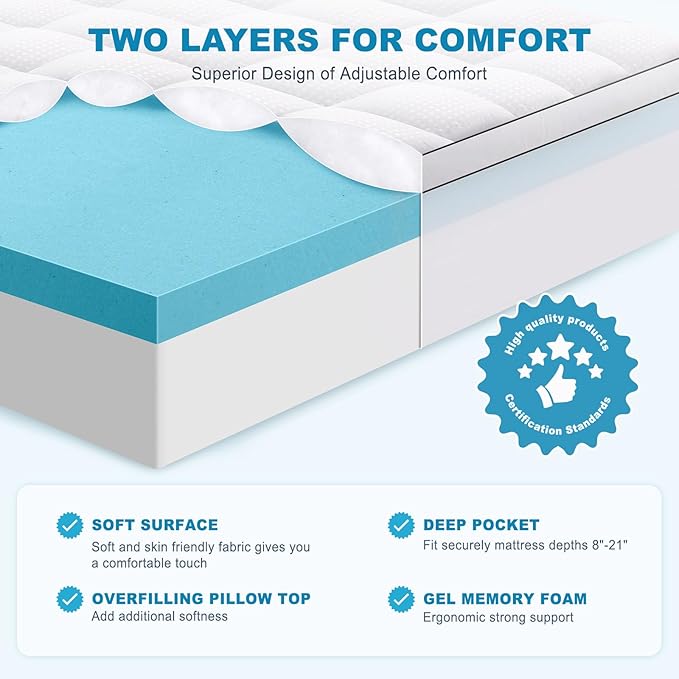 MASVIS Queen Size Dual Layer 4 Inch Memory Foam Mattress Topper, 2 Inch Cooling - Image 2