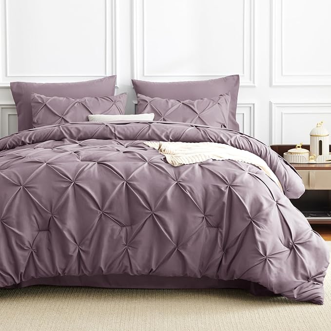 HIMEET Pintuck Bed in a Bag, 7 Pieces Queen Size Comforter Set Dusty Purple - Image 9