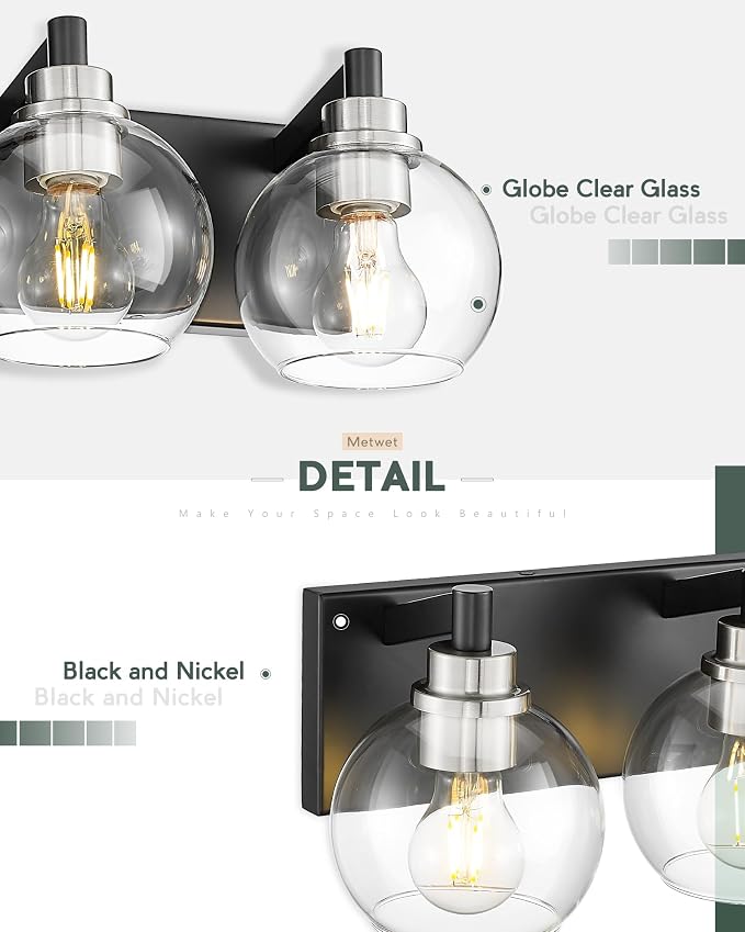 Bathroom Light Fixtures, 3-Light Black and Brushed Nickel Bathroom Vanity Light - Image 2
