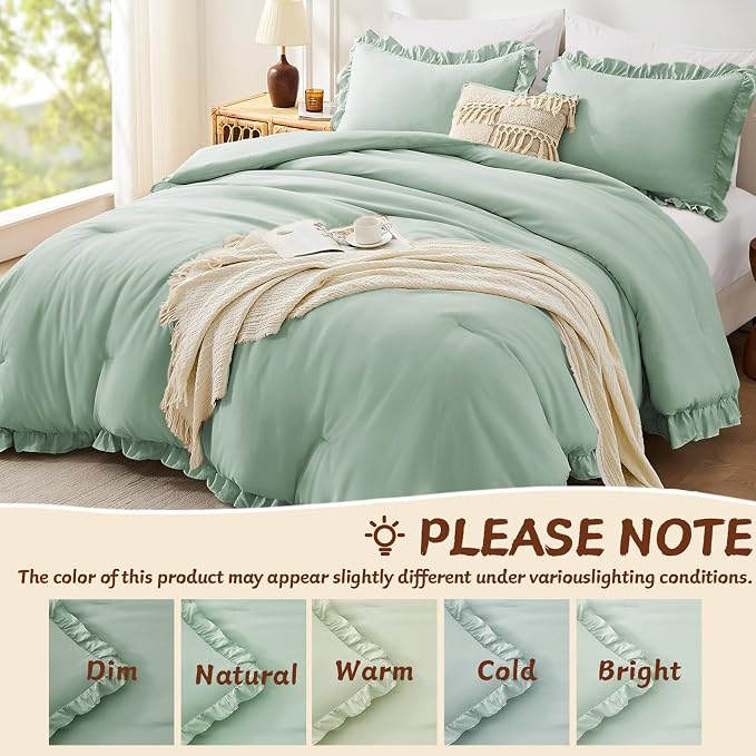 FUANNA King Size Comforter Set Sage Green, 3 Pieces Ruffle King Bedding Set - Image 6
