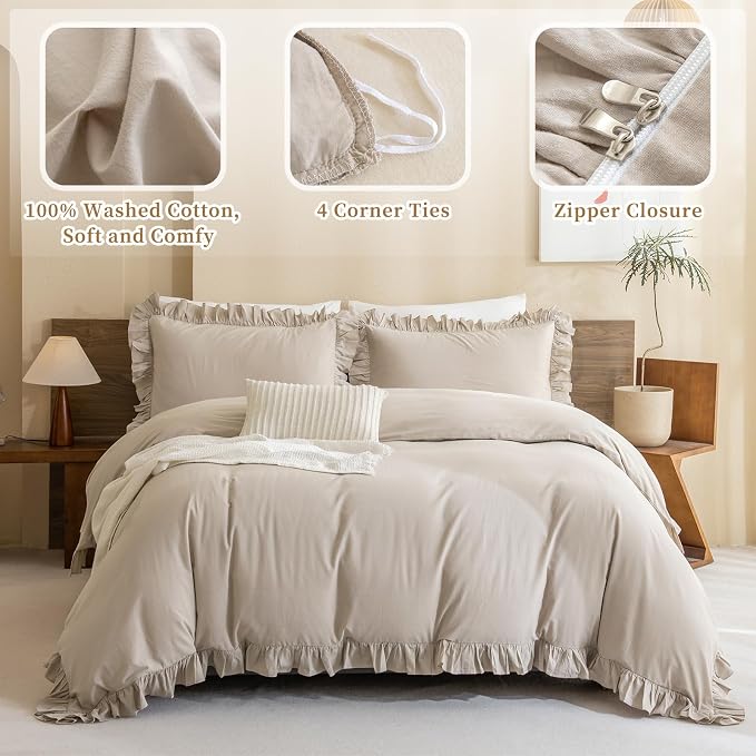 QSH Washed Cotton Duvet Cover King Ruffle Duvet Cover Linen Textured Farmhouse - Image 2