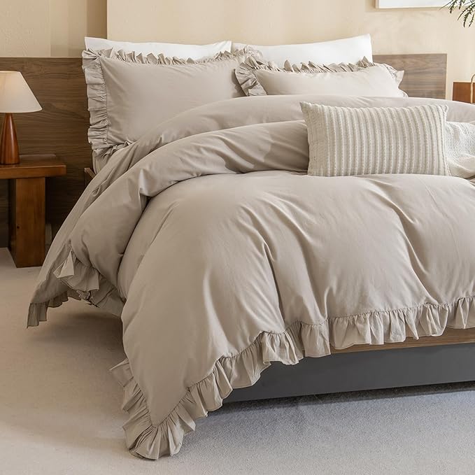 QSH Washed Cotton Queen Duvet Cover Set Ruffle Duvet Cover Linen Textured by QSH