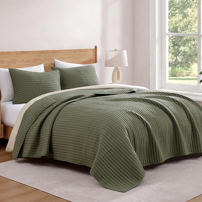 WRENSONGE Queen Quilt-3 Pieces Lightweight Bedspreads Olive Green Queen Size - Image 4