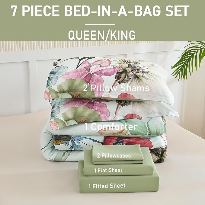 Yogeneg Queen Comforter Set 7 Piece Bed in a Bag, Elegant Floral Botanical - Image 6