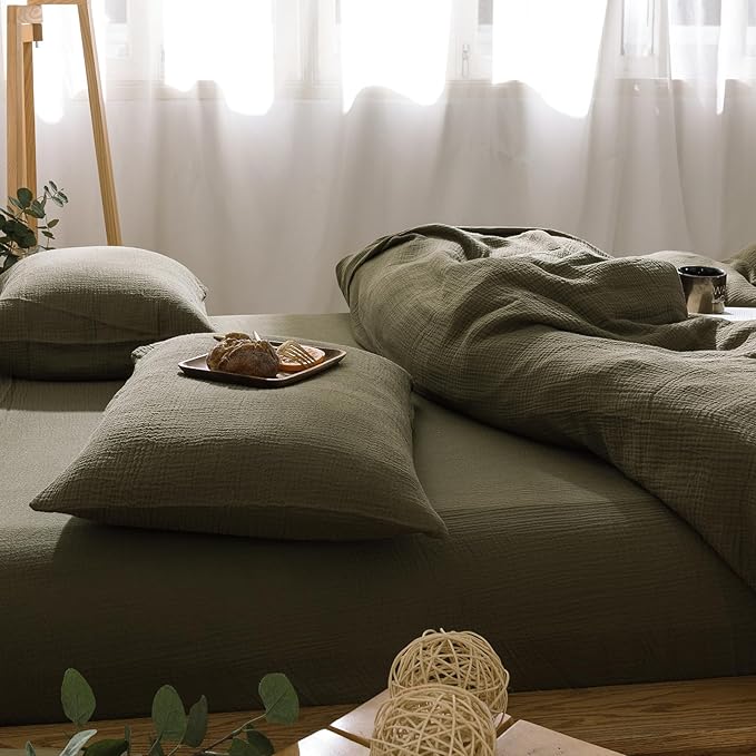 mixinni Olive Green Waffle Weave Duvet Cover Set King, 3-Piece 100% Natural - Image 3