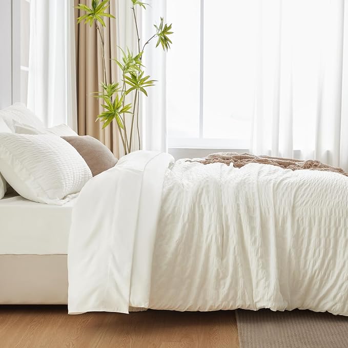 CozyLux Queen Comforter Set Ivory Seersucker 7 Pieces Bed in a Bag Queen - Image 8