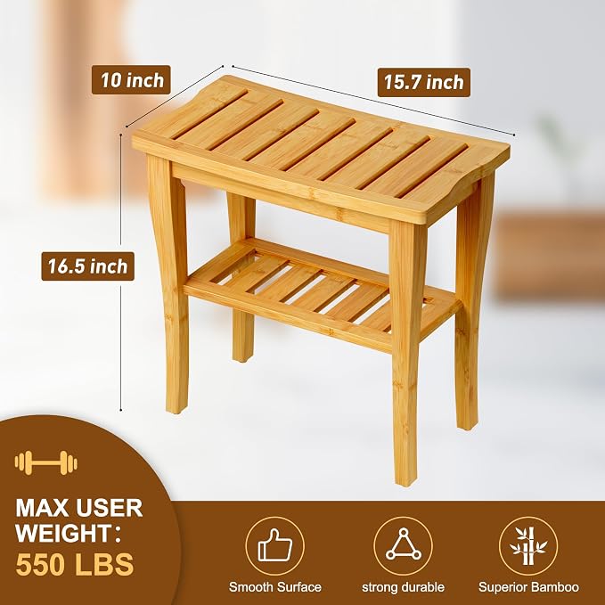 Greenual Bamboo Shower Bench 2-Tier Spa Shower Stool - Image 3