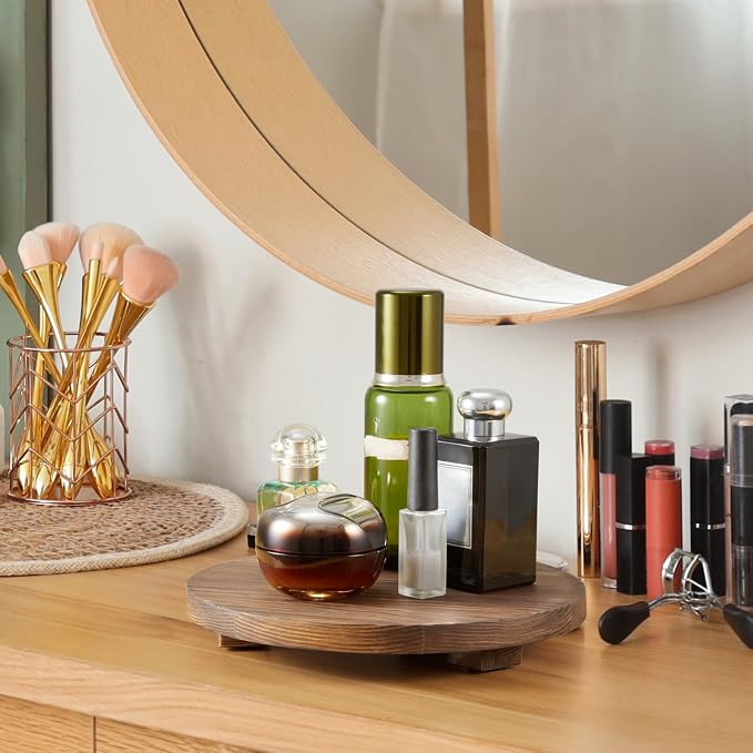 Small Round Decorative Tray Burnt Wood Bathroom Counter Organizer Pedestal - Image 5