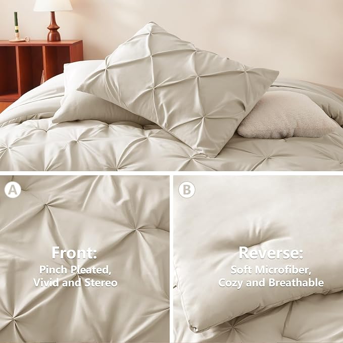 CozyLux Queen Comforter Set Oatmeal, 7 Pieces Pintuck Bed in A Bag, Premium - Image 3