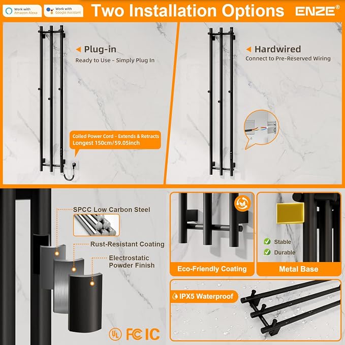 ENZE Smart Heated Towel Rack, Wall Mounted Electric Towel Warmer 220W - Image 8