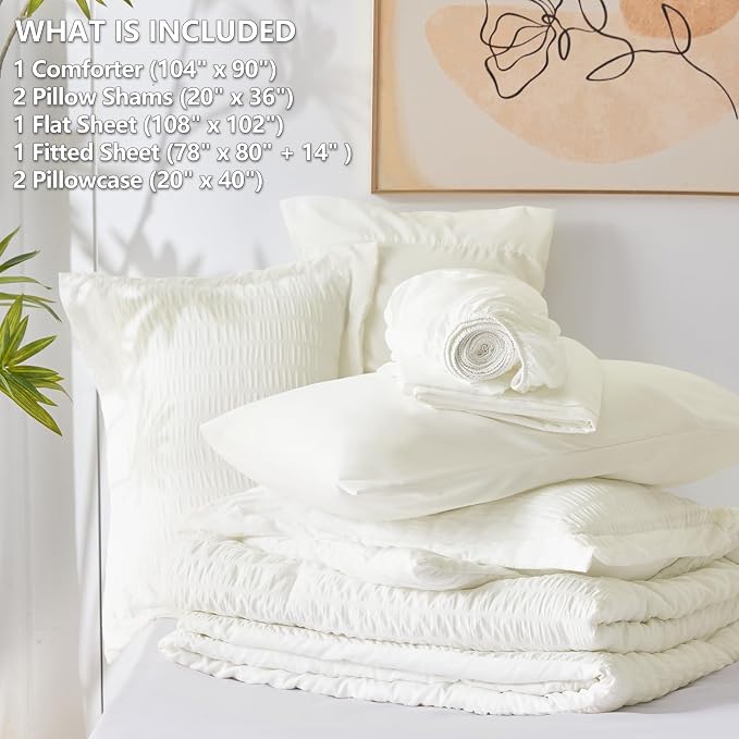 CozyLux King Size Comforter Set Ivory Seersucker 7 Pieces Bed in a Bag King - Image 6