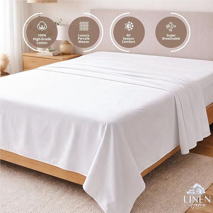 Linen Home 100% Cotton Percale 1 Flat Sheet, Full Size - Image 3