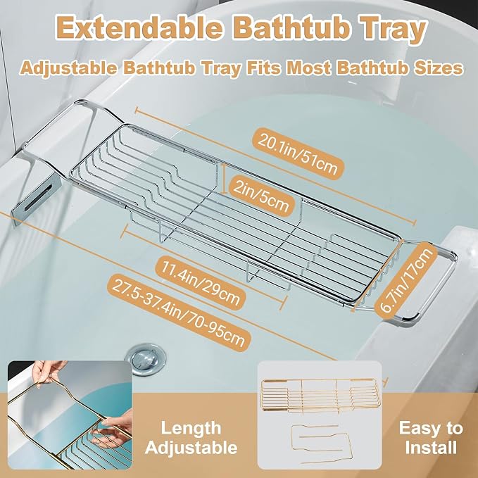 Stainless Steel Bathtub Caddy Tray, Expandable Bath Tub Table, Adjustable - Image 2