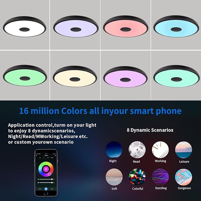 Black Smart Waterproof LED Flush Mount Ceiling Light Fixture, - Image 4