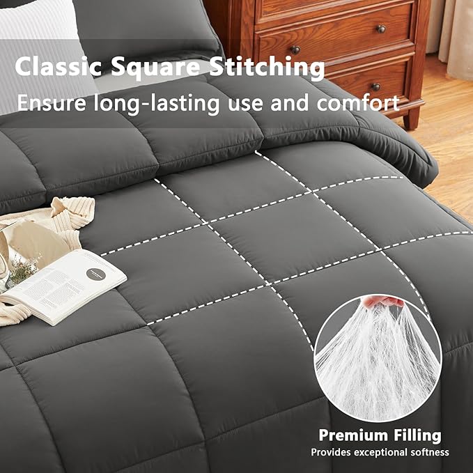 CozyLux Oversized Queen Comforter Set, 3 Pieces Dark Grey 98x98 Box Stitched - Image 2