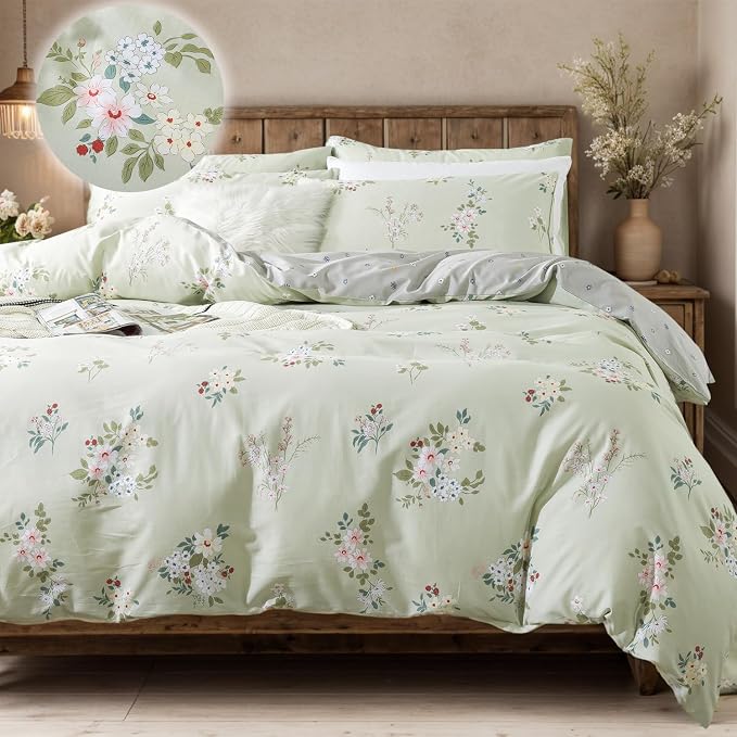 FADFAY Floral Duvet Cover Set Queen 100% Cotton Sage Green Comforter Set by CottonWorldSweetDream