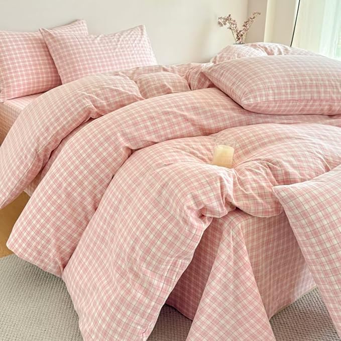 PinkMemory Pink Plaid Duvet Cover Set King 100% Washed Cotton Cute Pink Checked - Image 3