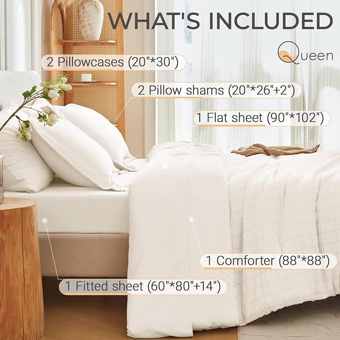 MUXHOMO 7 Pieces Queen Comforter Set, Seersucker Bed in a Bag Queen Size - Image 4