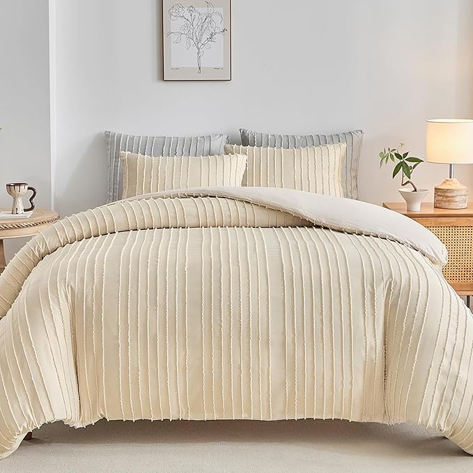 WARMDERN Tufted Duvet Cover Set King Size, Khaki Striped Textured Boho Bedding by WARMDERN