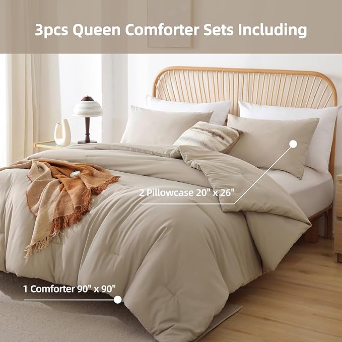 ROSGONIA Queen Comforter Set Light Khaki - Image 5
