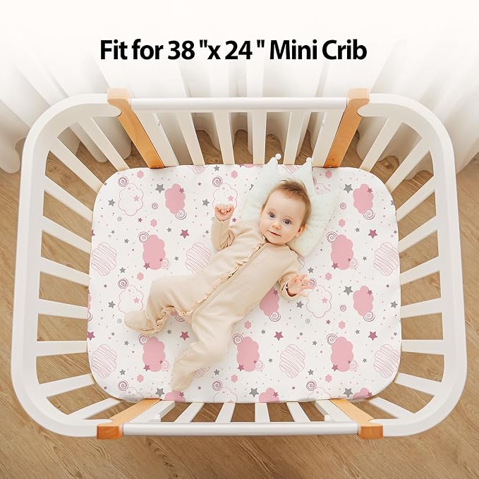 Baby Mini Crib Sheets Girl, Portable 38”x26” Pack and Play Sheets Fitted - Image 4