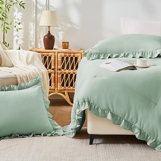 FUANNA Queen Comforter Set Sage Green, 3 Pieces Ruffle Queen Bed Set, Fluffy - Image 7