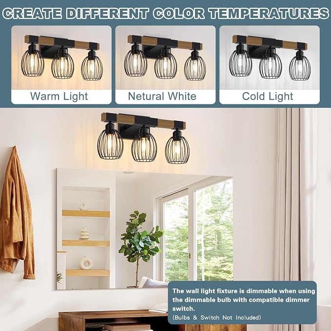 3-Light Farmhouse Bathroom Vanity Light Fixtures, Rustic Wood Bathroom Light - Image 5