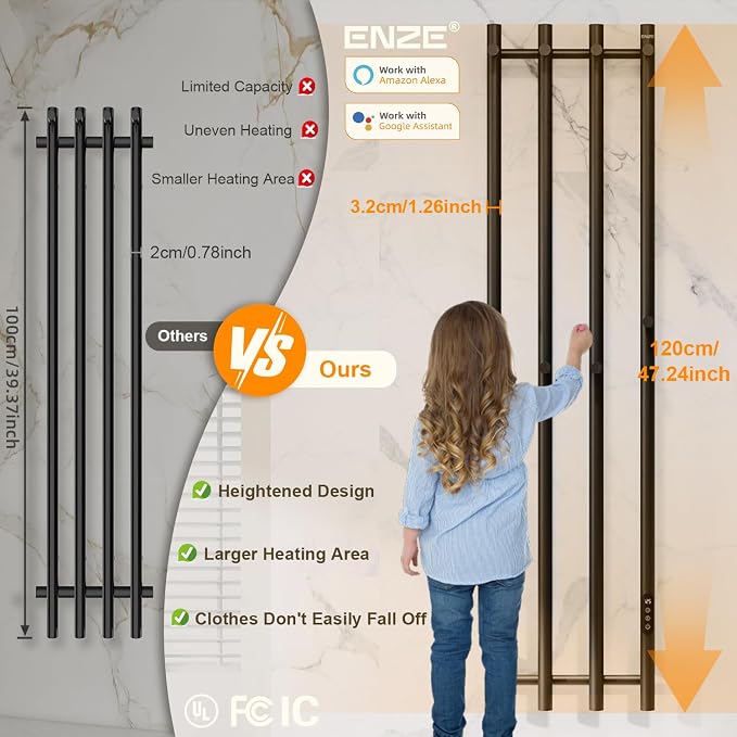 ENZE Smart Heated Towel Rack, Wall Mounted Electric Towel Warmer 300W - Image 7