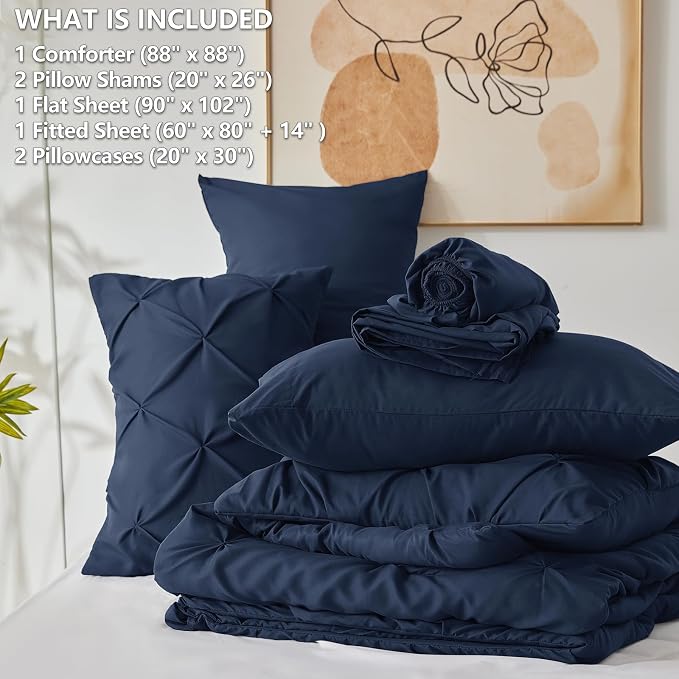 HIMEET Pintuck Bed in a Bag, 7 Pieces Queen Size Comforter Set Navy Blue - Image 7