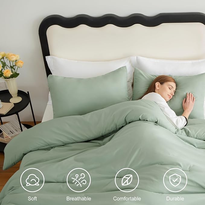 CozyLux King Size Comforter Set Sage Green, 3 Pieces Solid Comforters King Size - Image 5