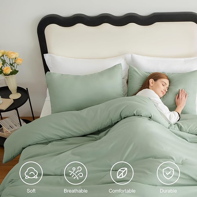 CozyLux Sage Green Queen Comforter Set, 3 Pieces Solid Breathable Quilted - Image 5