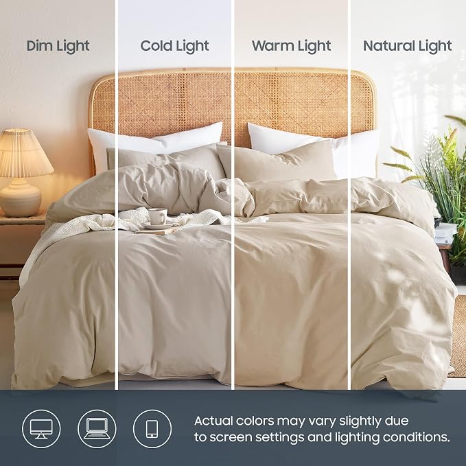 Wake In Cloud - Cotton Duvet Cover Set, Queen Size, Khaki Linen Color, 100% - Image 3