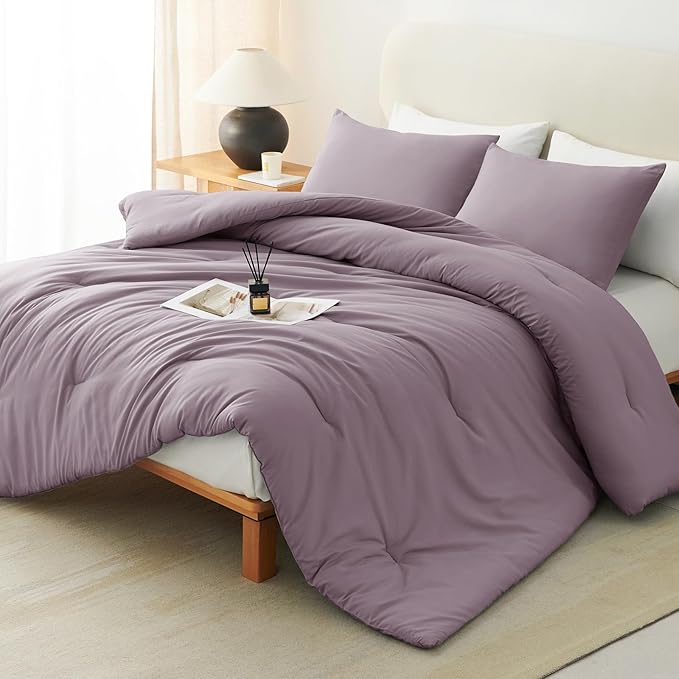 CozyLux King Size Comforter Set Dusty Purple, 3 Pieces Solid Comforters King by CozyLux
