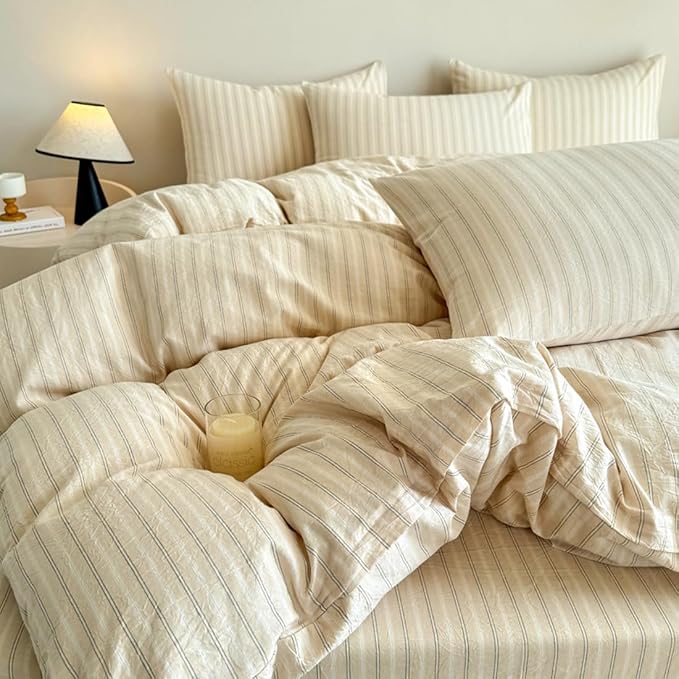 PinkMemory Beige Striped Duvet Cover Set Queen 100% Washed Cotton Beige Wide - Image 4
