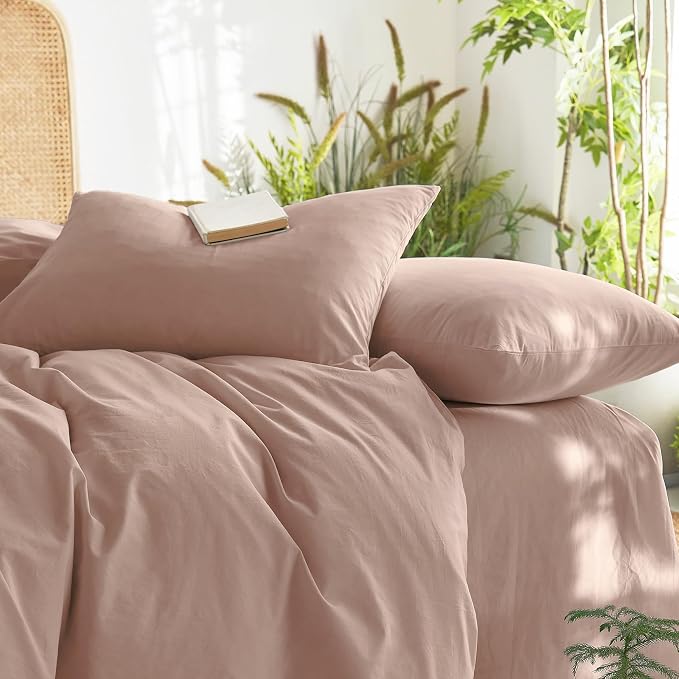Wake In Cloud - Cotton Duvet Cover Set, Queen Size, Dusty Rose Pink, 100% - Image 5