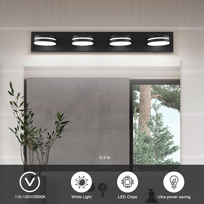 4-Light Bathroom Vanity Light, Matte Black Bathroom Light Fixtures Over Mirror - Image 3
