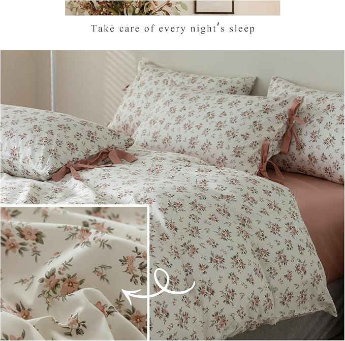 mixinni Vintage Style Girls Pale Pink Flower Pattern Duvet Cover Queen Soft - Image 6