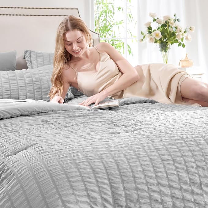 CozyLux Oversized King Comforter Set Light Grey Seersucker 7 Pieces 120x98 Bed - Image 3