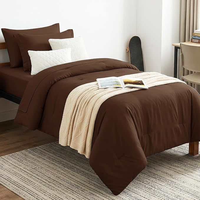 CozyLux Twin XL Comforter Set Brown, 5 Pieces Bed in a Bag Twin Extra Long by CozyLux