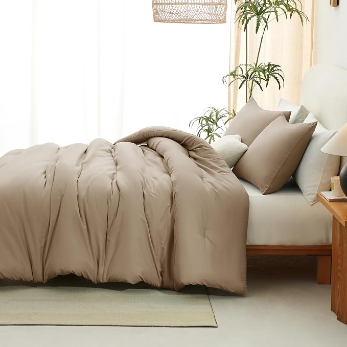 CozyLux King Size Comforter Set Taupe, 3 Pieces Solid Comforters King Size - Image 9