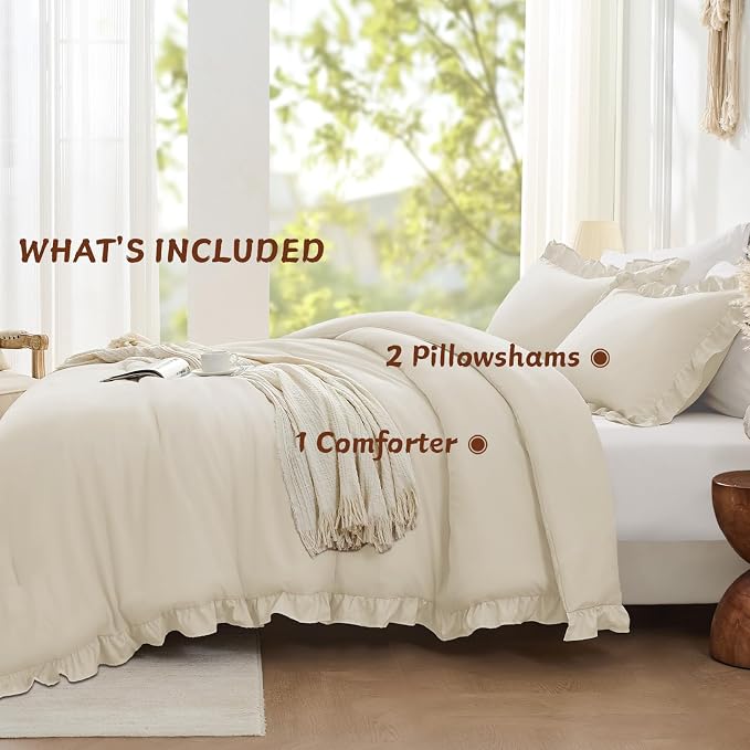 FUANNA Full Size Comforter Sets Cream White, 3 Pieces Ruffle Full Size Bedding - Image 5