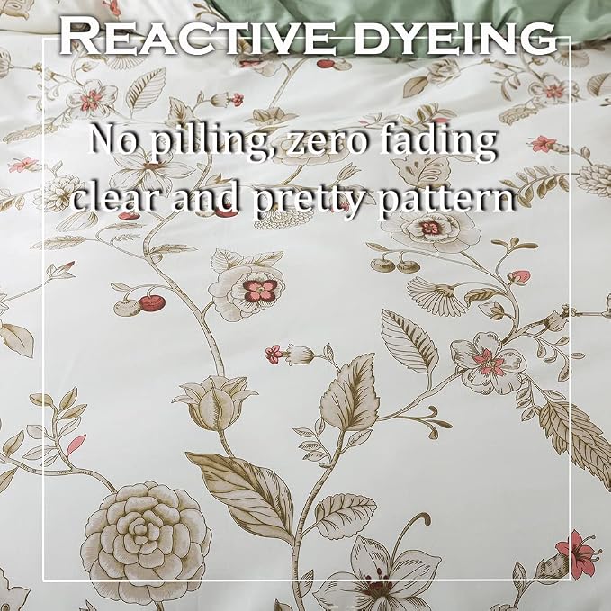 FADFAY Floral Bedding Set Queen 100% Cotton Shabby and Chic Beige Green - Image 5