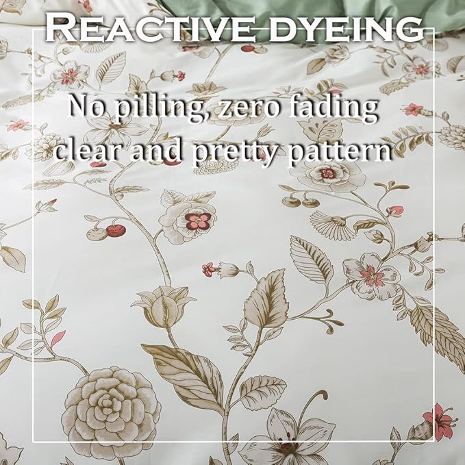 FADFAY Floral Bedding Set King/Cal King 100% Cotton Shabby and Chic Beige Green - Image 5